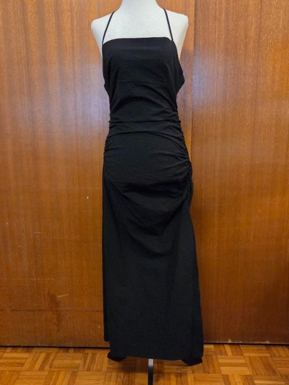 Zara Black Ruched Halter Maxi Dress with Back Ring Detail
